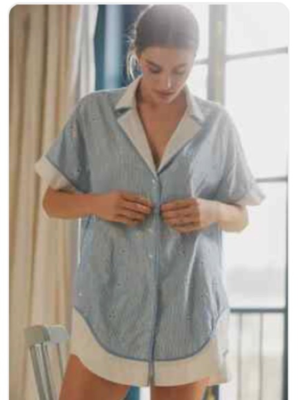 Anthropologie The Bijou Striped Button Down Eyelet Tunic Top - Blue/White